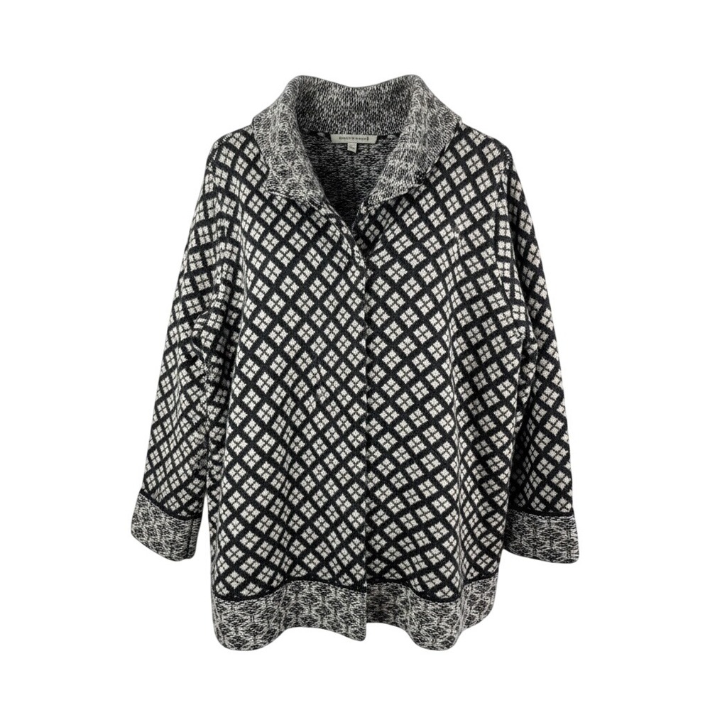 Travelsmith Women XL Black White Geometric Print Wool Blend Snap Front Cardigan